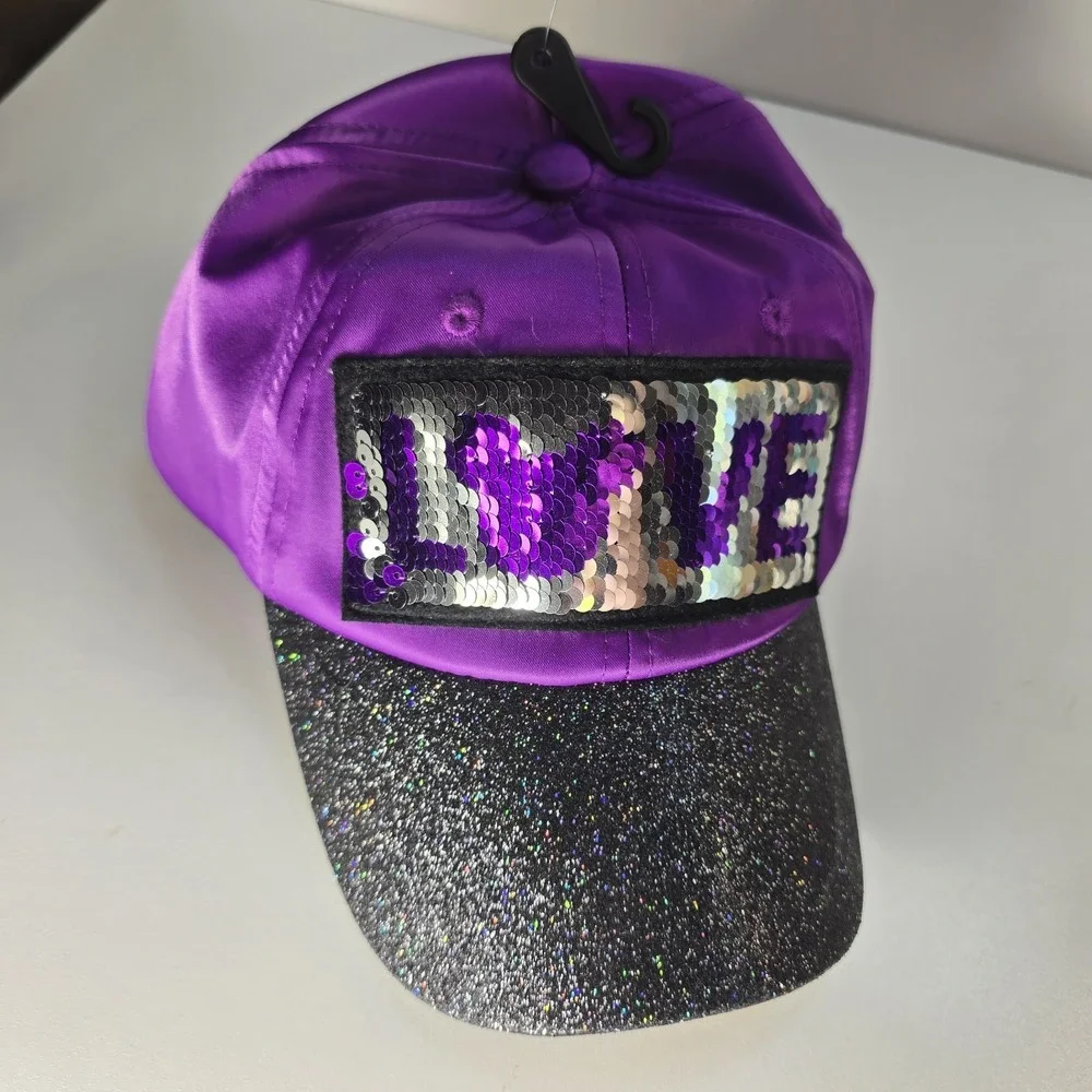 Disney Parks Youth LOVE Reversible Sequin Baseball Cap Purple Black Glitter Hat‎